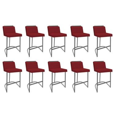 Imagem de Kit 10 Banquetas Com Encosto Confort Bistrô Cozinha Ferro Prata Suede Vermelho Amey Decor