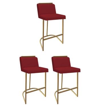 Imagem de Kit 03 Banquetas Com Encosto Confort Bistrô Cozinha Ferro Dourado Suede Vermelho Amey Decor