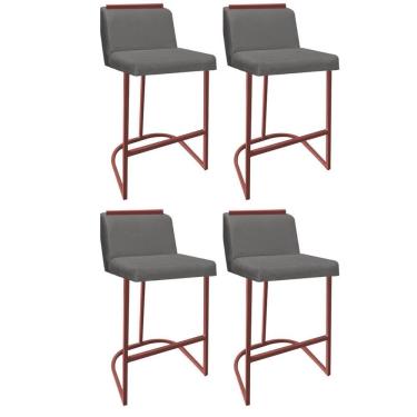 Imagem de Kit 04 Banquetas Com Encosto Confort Bistrô Cozinha Ferro Bronze Sintético Cinza Amey Decor