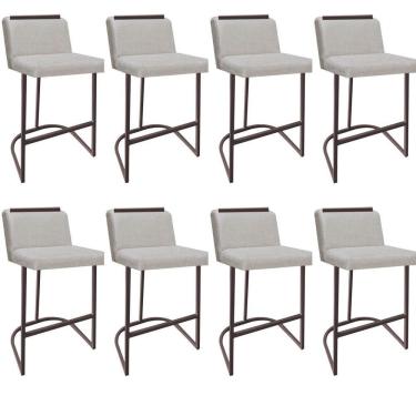 Imagem de Kit 08 Banquetas Com Encosto Nynna Luxo Confort Bistrô Cozinha Ferro Marrom Linho Bege - Amey Decor