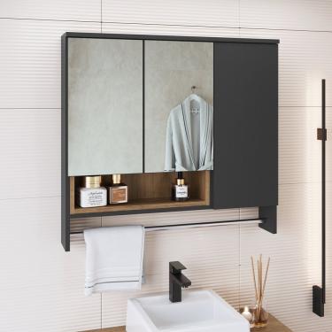 Imagem de Armário Espelheira Para Banheiro Olívia Com 3 Portas, Um Nicho E Toalheiro Mel Grafite