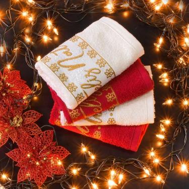 Imagem de Kit 6 Toalha De Rosto Feliz Natal Bordada Jacquard 45x68cm Pérola
