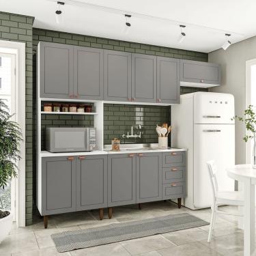 Imagem de Cozinha Pérola Com 4 Peças Paneleiro/torre Quente Aéreo 3 Portas Balcão 120 E Basculante Yescasa Branco/cinza