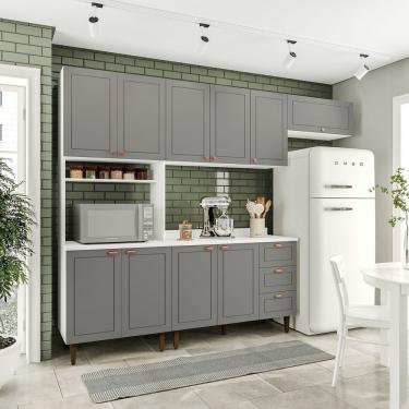 Imagem de Cozinha Pérola Com Tampo 4 Peças Paneleiro/torre Quente Aéreo 3 Portas Balcão 120 E Basculante Yesca Branco/cinza