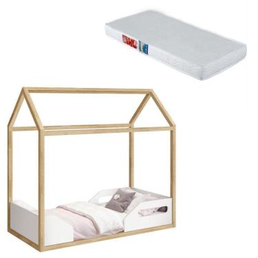 Imagem de Mini Cama Montessoriana Zoe Branco Acetinado Pinus Natural Com Colchão Ortobom - Reller
