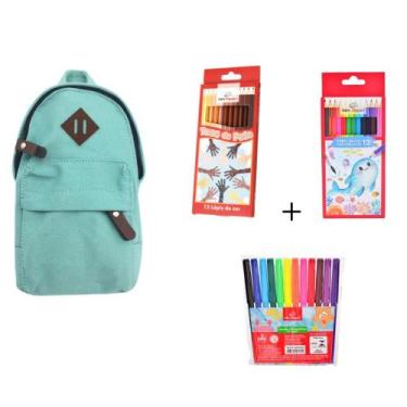 Imagem de Kit Escolar Estojo Mini Mochila + 24 Lápis de Cor + 12 Canetinhas - Wi