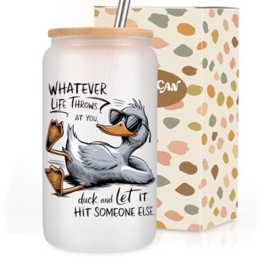 Imagem de Coolife Copo de pato engraçado, coisas fofas de pato, copos de café gelado de vidro fosco de 473 ml com canudos, acessórios temáticos de pato, aniversário, presentes de pato para amantes de patos