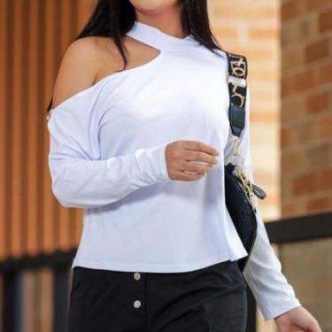 Imagem de Blusa feminina cavada no ombro manga longa lateral gola alta - Filó Mo
