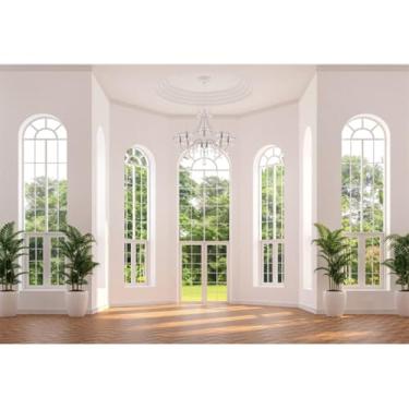 Imagem de Laeacco 2,1 x 1,5 m Villa Hall pano de fundo branco parede interior arco porta janela cenário fotografia cenário para negócios, escritório, videoconferência, decoração, aniversário, viagem, festa