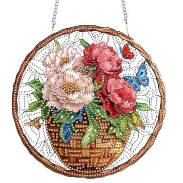 Imagem de Yomiie Kits de enfeites de arte de diamante para pendurar – apanhador de sol acrílico de dupla face DIY com flores, placa de porta da frente e decoração de varanda, pingente de pintura de diamante de