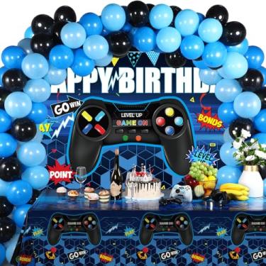 Imagem de Conjunto de decorações de festa de aniversário de videogame, artigos para jogos de feliz aniversário, inclui pano de fundo de videogame, toalhas de mesa, balões multicoloridos e balões de gamer para festa de aniversário (azul e preto)
