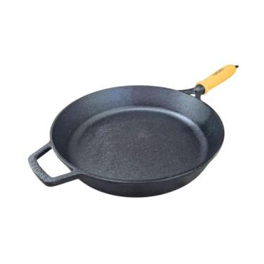 Imagem de Frigideira Ferro Fundido 27cm Antiaderente Alta Cabo Madeira Bistequeira Bifeteira Chapa Grelhar