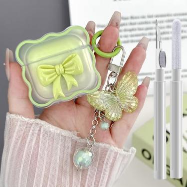 Imagem de Capa transparente compatível com AirPods 4 fofa, estampa de arco 3D, iPods 4, capas com chaveiro borboleta, capa protetora de TPU macio à prova de choque e kit de limpeza para Airpod 4 para meninas