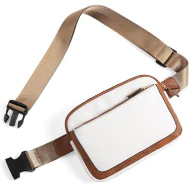 Imagem de Bolsa de cinto feminina, mini bolsa tiracolo para todos os lugares, alça ajustável, pochete feminina de couro sintético, Branco com marrom, Tendência