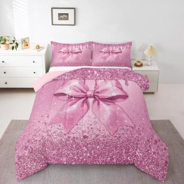 Imagem de Conjunto de cama infantil casal com laço rosa com glitter (sem glitter), edredom para decoração de quarto de meninos e meninas e adolescentes, conjunto de edredom fofo com laço de microfibra macia com