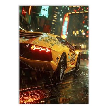 Imagem de Placa Decorativa Carro Esportivo Amarelo Seta Chuva Decoração Poster Quarto Sala