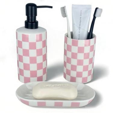 Imagem de Conjunto de suporte de escova de dentes de banheiro rosa, acessórios de banheiro de cerâmica fofos, inclui dispensador de sabão de mão, suporte de escova de dentes e saboneteira, conjuntos de