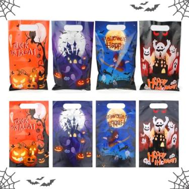 Imagem de Yekepal 60 unidades de sacos de doces de feliz dia das bruxas com alças, doces ou travessuras de Halloween para crianças, sacolas de presente de plástico para lembrancinhas de festa do dia das bruxas