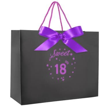 Imagem de Yiran Saco de presente de aniversário preto para embrulho de presente de 18 anos, sacos de papel de presente para meninas do 18º ano com alças e fita, suprimentos de decoração de festa