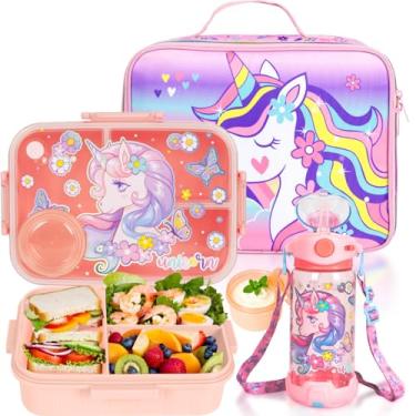 Imagem de YOYTOO Lancheira infantil Bento isolada com lancheira, garrafa de água, conjunto de gelo para crianças, almoços de creche, recipiente para lanche rosa