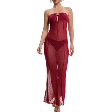 Imagem de AGOSAK Vestido longo de malha transparente, sem alças, transparente, tubo, vestido longo, festa, Borgonha, G