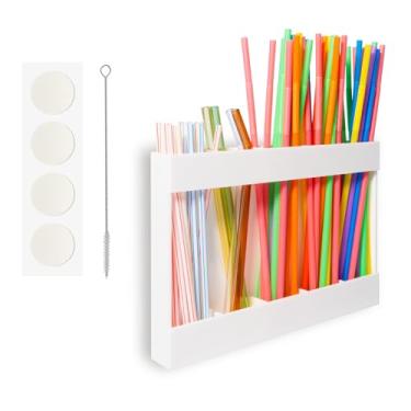 Imagem de Suporte de canudo acrílico para porta de armário com fita adesiva dupla face reutilizável organizador de canudo dispensador de recipiente de armazenamento para armário de balcão cozinha (branco)