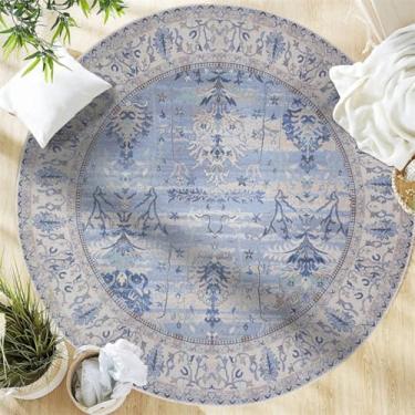 Imagem de Tapete étnico redondo retrô tapete de chão quarto sala de estar lavável na máquina tapete de caxemira artificial fácil de cuidar, azul retrô, 80 cm