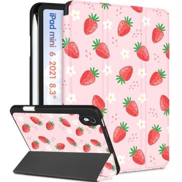 Imagem de Wazzasoft Capa para iPad Mini 6, para iPad Mini 6ª Geração Capas Femininas Meninas Crianças Fofo Capa Girly Kawaii Morango Suporte de Lápis Auto hibernar/Despertar para Apple iPad 6 Mini Capa 2021 8,3 polegadas