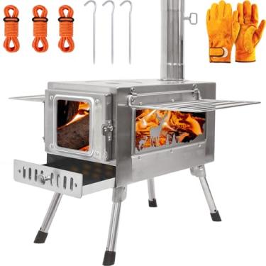 Imagem de Fogão a lenha portátil ao ar livre, com tubo de chaminé para cozinhar, acampar, barraca, trilha, pesca, mochilão