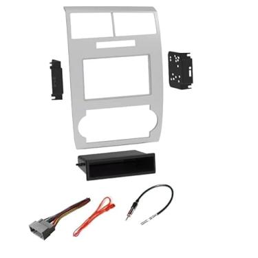 Imagem de Kit de painel de instalação estéreo de carro único ou duplo Din prateado, chicote de fios e adaptador de antena de rádio AM/FM - Feito para Dodge: sem veículos amplificadores externos de fábrica
