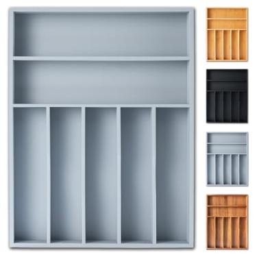 Imagem de Organizador de talheres, organizador de utensílios de 31 cm, organizador de gaveta de cozinha, suporte de talheres de bambu, bandeja organizadora de talheres em gaveta (7 compartimentos, cinza)