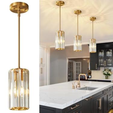 Imagem de zhllmq Luminária pendente dourada moderna mini lustres de cristal luminária pendente ajustável para cozinha ilha sala de jantar corredor quarto (pacote com 3)