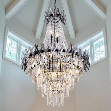 Imagem de TOCHIC Lustre moderno, grande lustre de cristal preto para sala de estar, lustre de cristal império francês de 78,7 cm, luminária de teto alto para escadas, entrada, quarto, sala de jantar, hall de