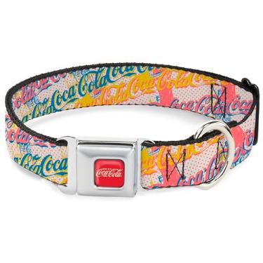 Imagem de Coleira para animais de estimação The Coca-Cola Company, coleira de cachorro, fivela de cinto de segurança de metal, logotipo da Coca Cola Script Empilhado Pop Art Branco Multi Pastel, 33 a 43 cm de