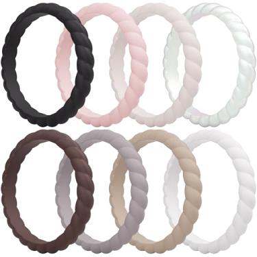 Imagem de ThunderFit Alianças de casamento de silicone trançadas finas para mulheres, anéis de noivado de borracha de 3,5 mm de largura e 2 mm de espessura - 1/4/8/10/12/16 pacote variado, 7.5 - 8 (18.2mm