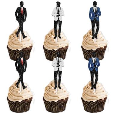 Imagem de 18pcs Glitter Black Blue White Male Suit Dessert Cupcake Topper Gentleman The Man The Myth The Legend Theme Decorations Picks for Men Boys Happy Birthday Party Decor Supplies