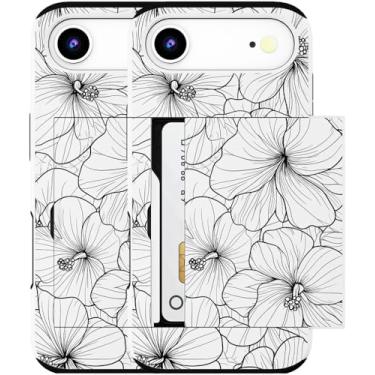 Imagem de MUQR Capa para celular 17 Air compatível com suporte de cartão fofo - Design Kawaii, proteção contra quedas de nível militar, capa carteira robusta para mulheres (Hibisco branco e preto)