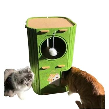 Imagem de XiongDaFaFa Torre de árvore para gatos de 2 camadas com poste para arranhar - veludo verde | Cama para gatos de dois andares para casas com vários gatos, árvores compactas e duráveis de 37 cm