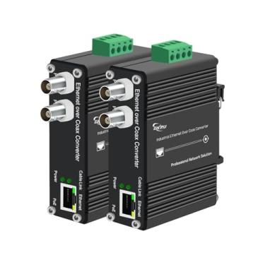 Imagem de Extensor industrial PoE+ DIN Rail EoC, Ethernet sobre coaxial, 10/100Mbps a 300 m (900 m + Daisy Chain), com saída PoE, 2 portas BNC, entrada CC 48V, para câmeras IP e redes industriais