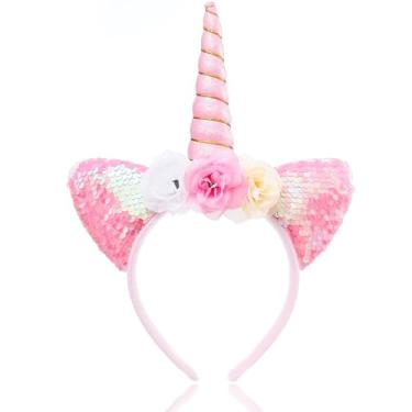 Imagem de Tiara de unicórnio para mulheres - faixa de cabelo brilhante de unicórnio rosa com orelhas de chifre e lantejoulas faixa de cabeça de flores brilhantes - Fofa festival, festa de aniversário, Halloween