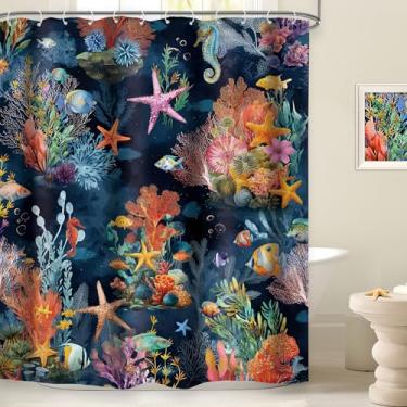 Imagem de Omifly Cortina de chuveiro vintage colorida de peixe 152 cm L x 182 cm A azul marinho oceano oceano mundo subaquático estrela do mar planta coral tropical aquarela com 12 ganchos de plástico tecido à