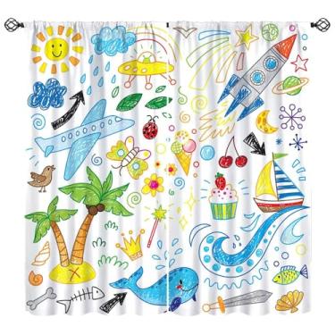 Imagem de Cortinas de impressão de pintura infantil foguete aeronaves pintura de navegação tratamentos de janela para crianças meninas crianças pequenas cortinas de janela 106,7 cm L x 114,3 cm C