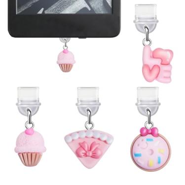 Imagem de sunla 4 pingentes para Kindle, pingente de plugue de poeira de bolo rosa compatível com E-Reader, telefone, iPad com porta de carregamento tipo C/USB C -CP002