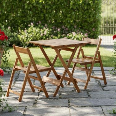 Imagem de Conjunto de Mesa 70x70cm e 2 Cadeiras Dobráveis em Madeira Eucalipto Verniz Marrom