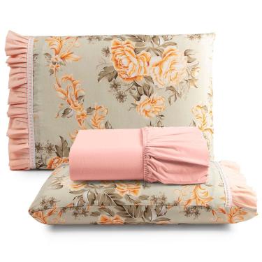 Imagem de Jogo Cama Lençol Fiore Queen Estampado 180 Fios 100% Algodão com Babadinho 3 Peças Salmão Floral