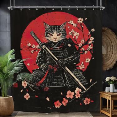 Imagem de Yookeb Cortina de chuveiro Samurai Japonês Gato Preto 152 W x 188 cm Flor de Cerejeira Legal Engraçado Hilário Preto Vermelho Poliéster Tecido 12 Ganchos de Plástico Decoração Impermeável