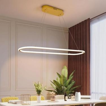 Imagem de Lustre moderno branco longo linear lustre regulável luzes pendentes LED 45W ouro sala de jantar teto lâmpada pendurada para ilha de cozinha sala de estar restaurante bar, ouro 90cm