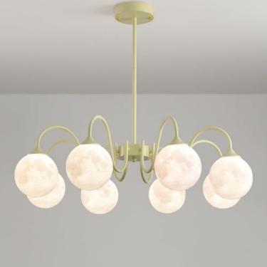 Imagem de Lustres modernos em branco leitoso para sala de jantar, luminárias pendentes verdes com impressão 3D, lustre de bola de planeta lunar para ilha de cozinha, sala de estar, restaurante, 8 luze