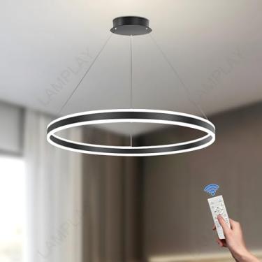 Imagem de Lustre redondo de LED com regulagem de altura, luminária pendente preta com anel de teto e controle remoto, moderno, 3000K 6000K para hall de entrada, sala de estar, sala de jantar, cozinha