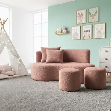 Imagem de Conjunto Sofá Curvo Orgânico + 2Puffs Nature Gaia Boucle Rosê - Montan